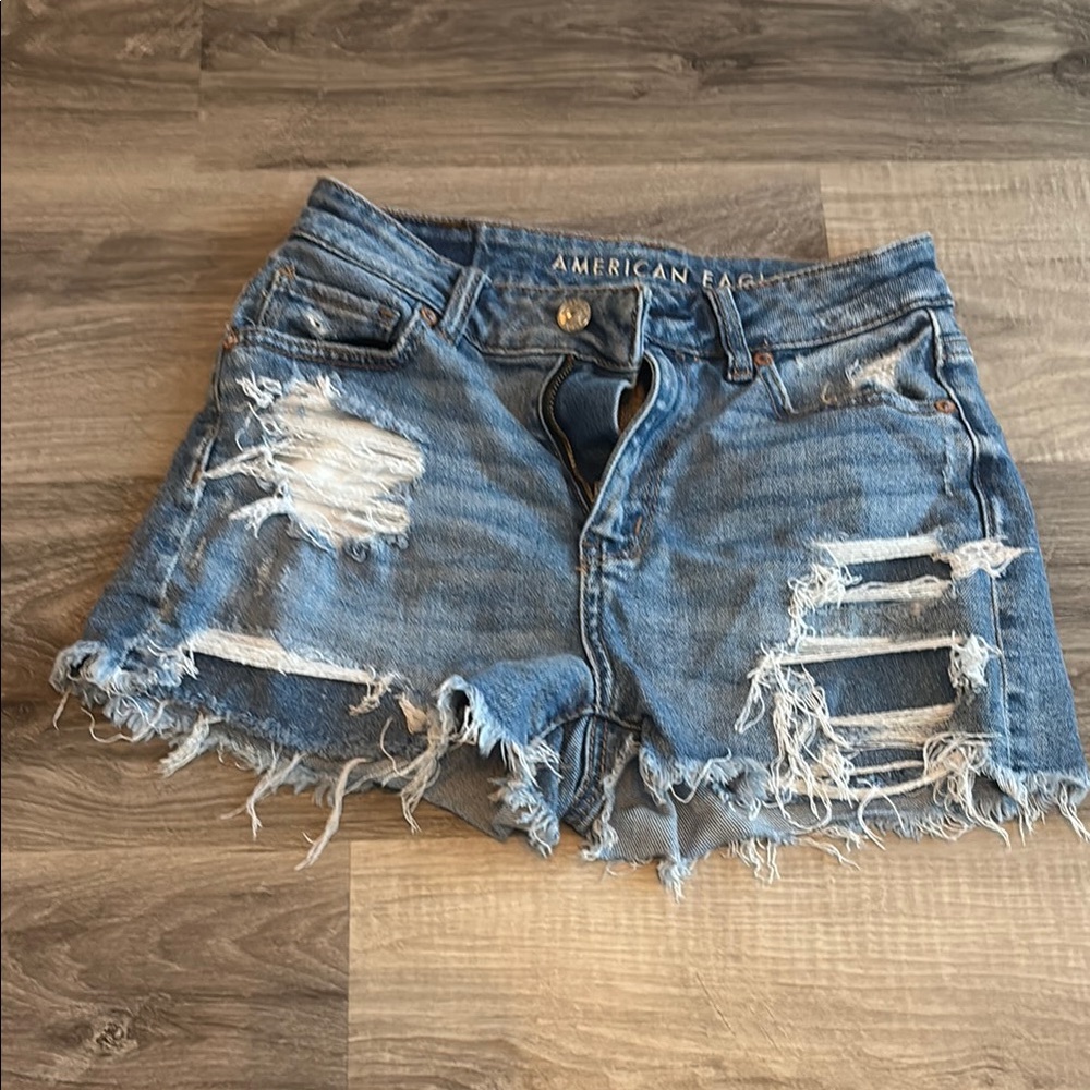American Eagle Outfitters Blue High-Waisted Distressed Jean Shorts
